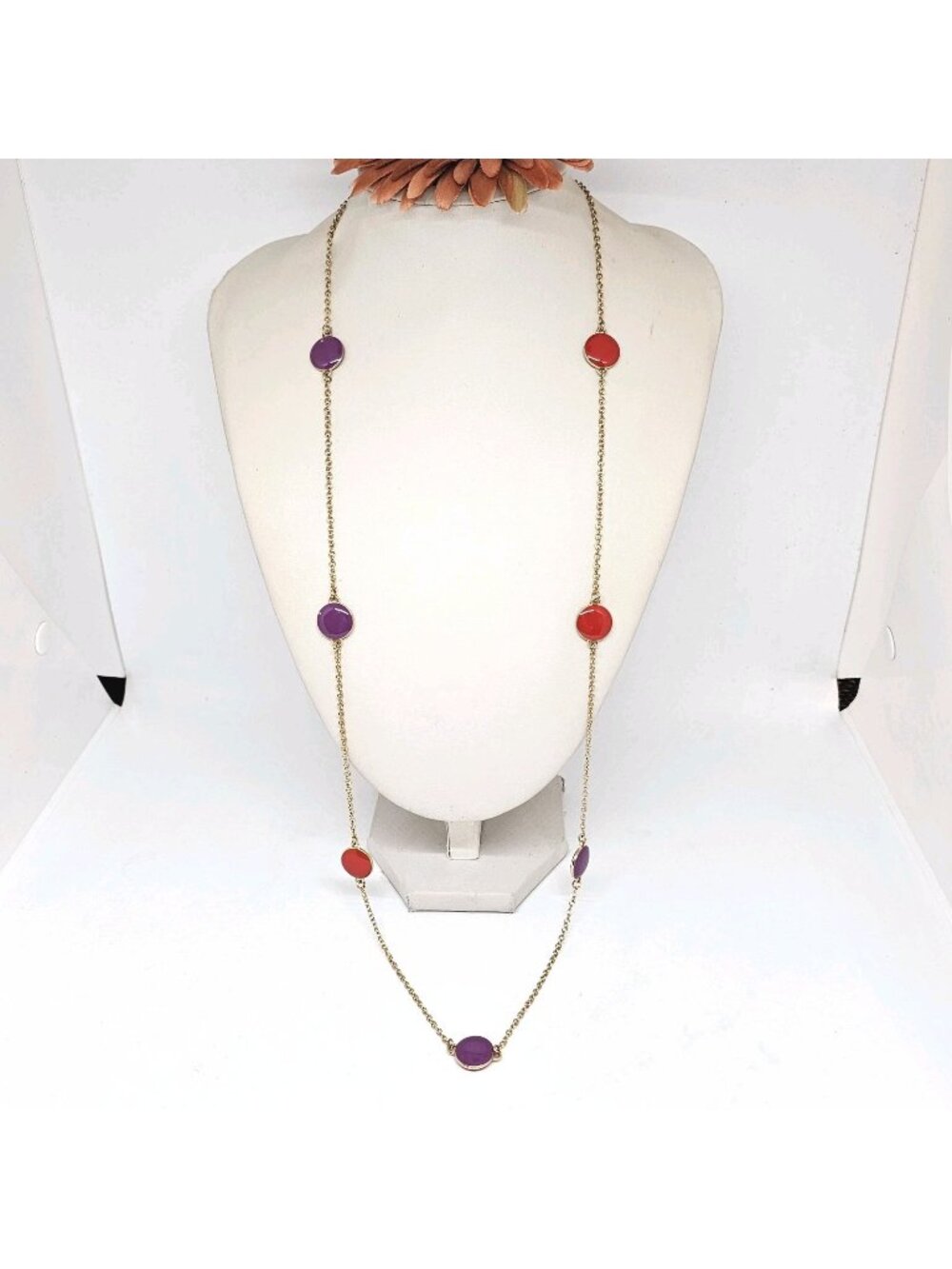 Kate Spade Gold Tone Red Purple Circle Reversible Enamel Station Necklace